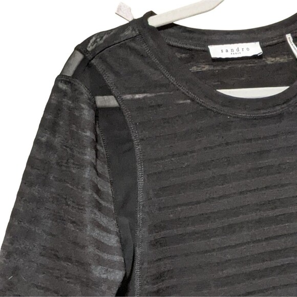 Sandro Paris Pull over sweater long sleeve sheer striped shirt top black FLAW S - Picture 1 of 11